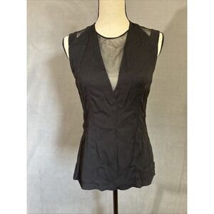 Rebecca Taylor Silk 6 Top Black Sheer Deep V Neck Sleeveless Zip Up